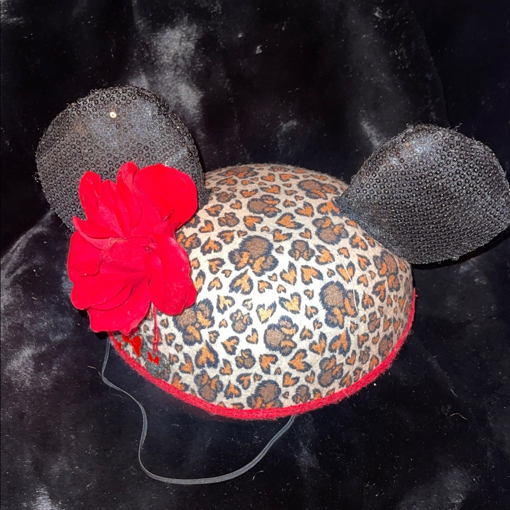 Disney Parks Minnie Mouse Ears Leopard Hat Red Rose